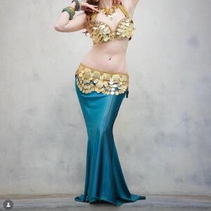 EUC Sold Out Eire Tribal "Sirena" Skirt in Holographic Teal Velvet 39" long